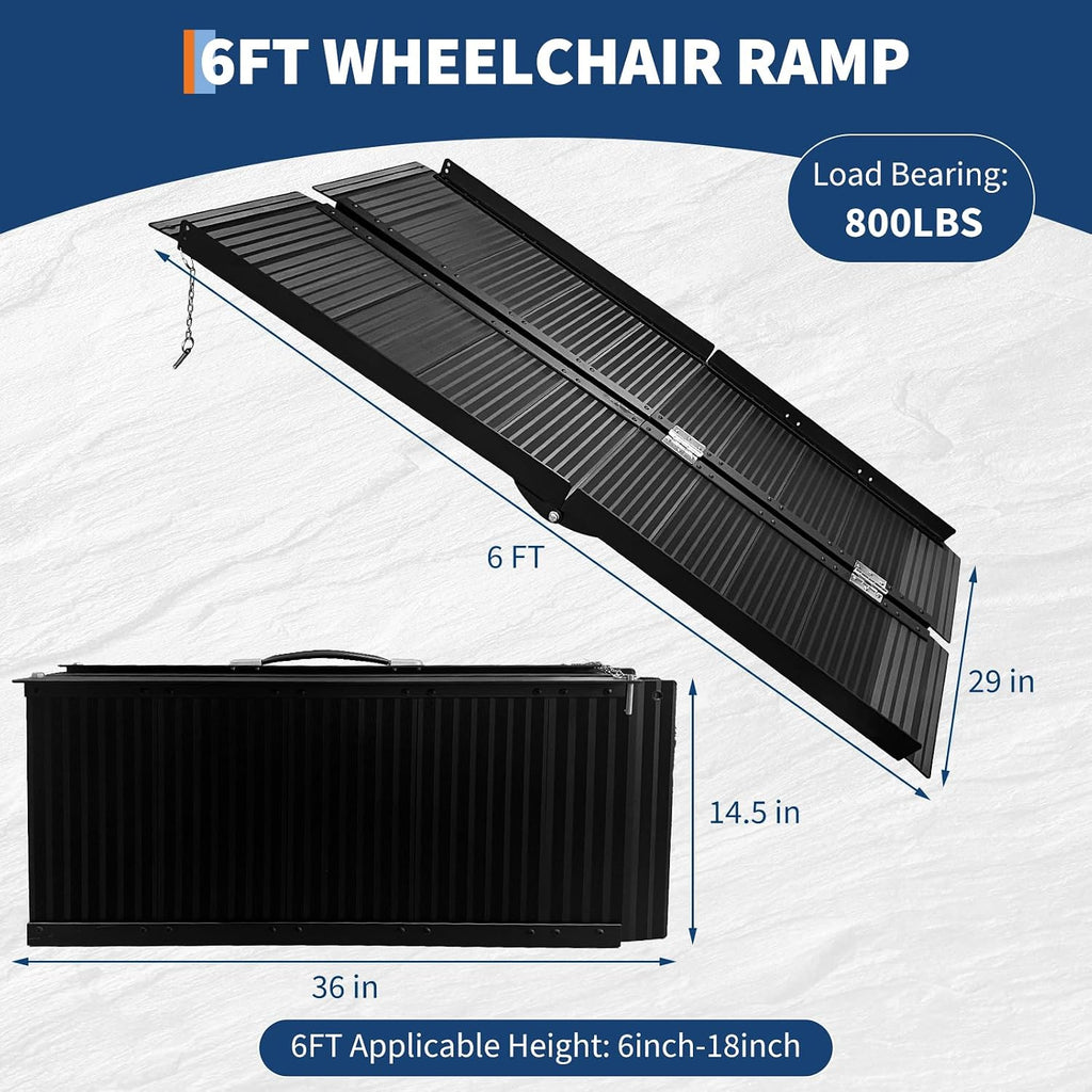 6FT Portable Wheelchair Ramp, Black Non-Slip Aluminum Wheelchair Ramp with Handle, Folding Ramps for Home Steps, Doorways, Thresholds, Curbs, Stairs, 800 LBS Capacity
