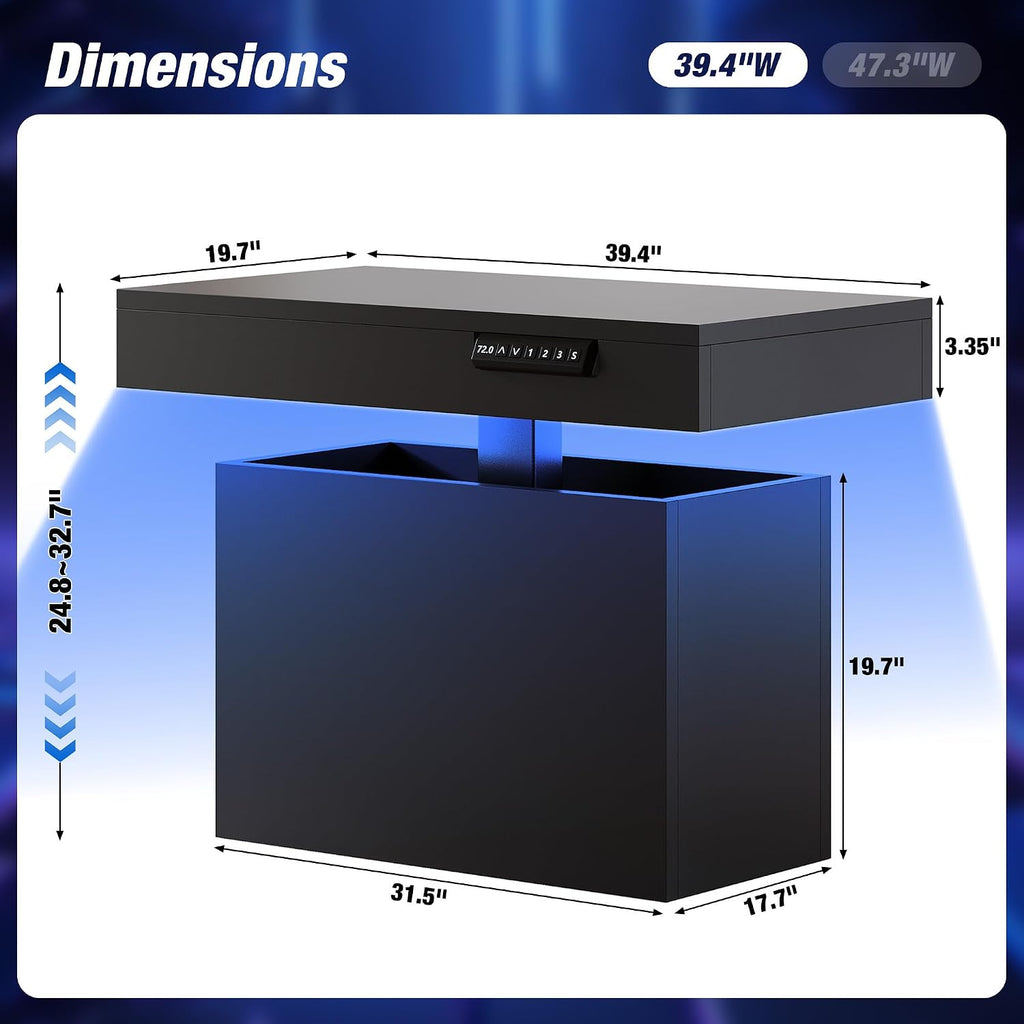 Homkdom 39.4' Electric Lift Top Coffee Table, Adjustable Height Table with Storage & LED Light, Coffee Tables for Living Room, Dining, Work and Gaming, Black