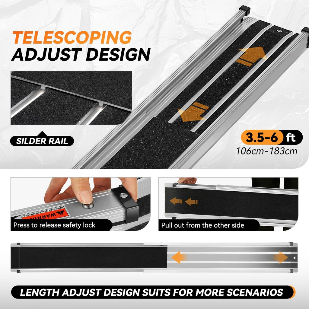 Auto Dynasty 6FT Adjustable Wheelchair Ramp, Portable Telescoping Folding Aluminum Wheel Chair Threshold Ramps for Home Steps Doorways, 72' L x 7.4' W, 1200Lbs Capacity (2 Pack)
