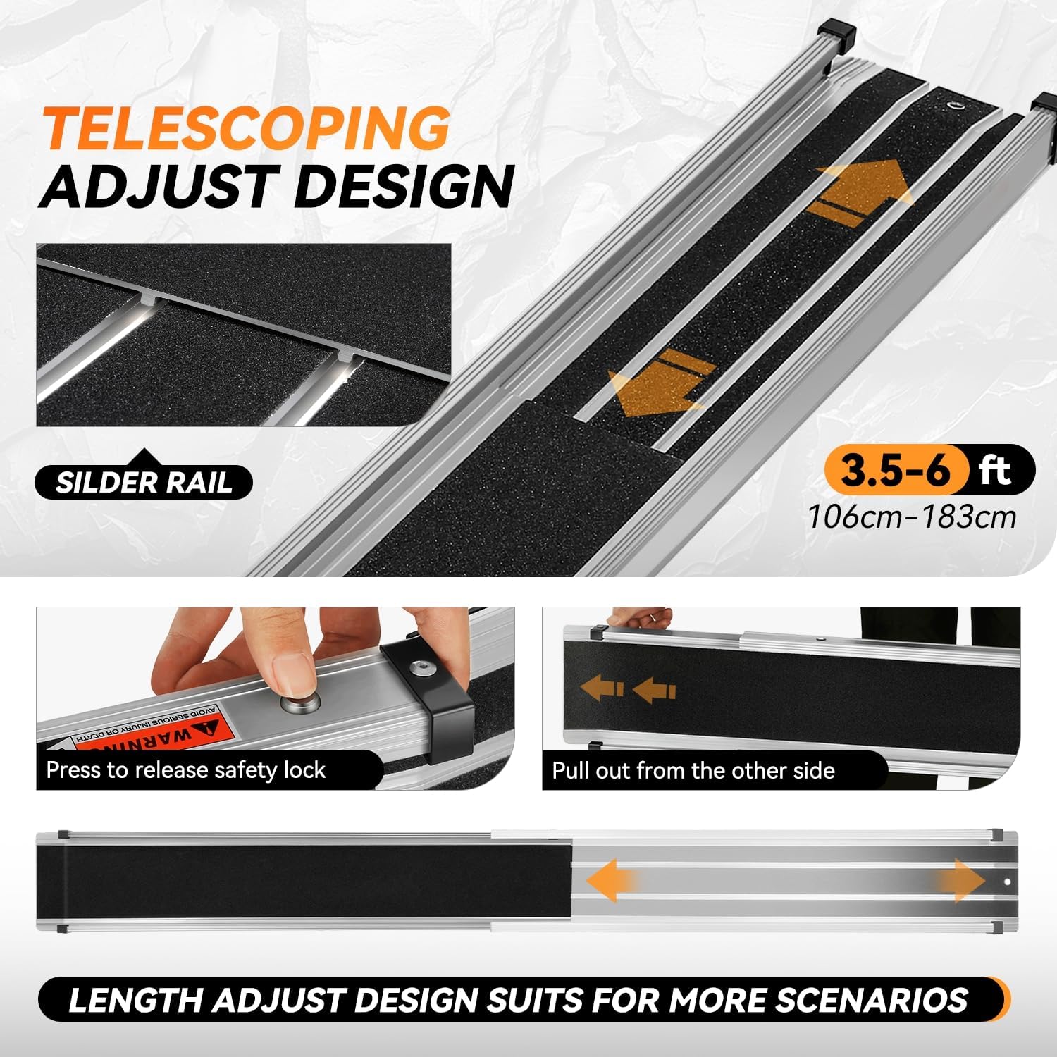 Auto Dynasty 6FT Adjustable Wheelchair Ramp, Portable Telescoping Folding Aluminum Wheel Chair Threshold Ramps for Home Steps Doorways, 72' L x 7.4' W, 1200Lbs Capacity (2 Pack)