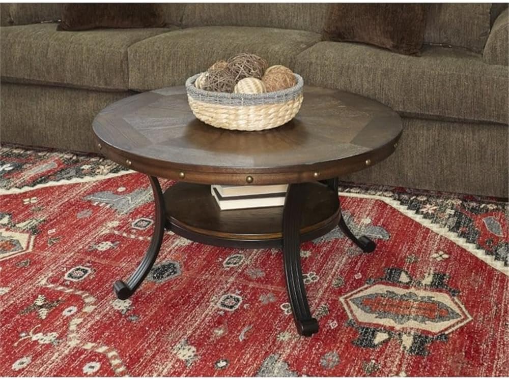 Pemberly Row Rustic Round Wood and Metal Coffee Table, Oak Veneer Top, Rustic Umber Brown Finish, Antique Brass Nailheads, 36 in x 36 in x 19 in, Sturdy Metal Base with Shelf for Living Room Use