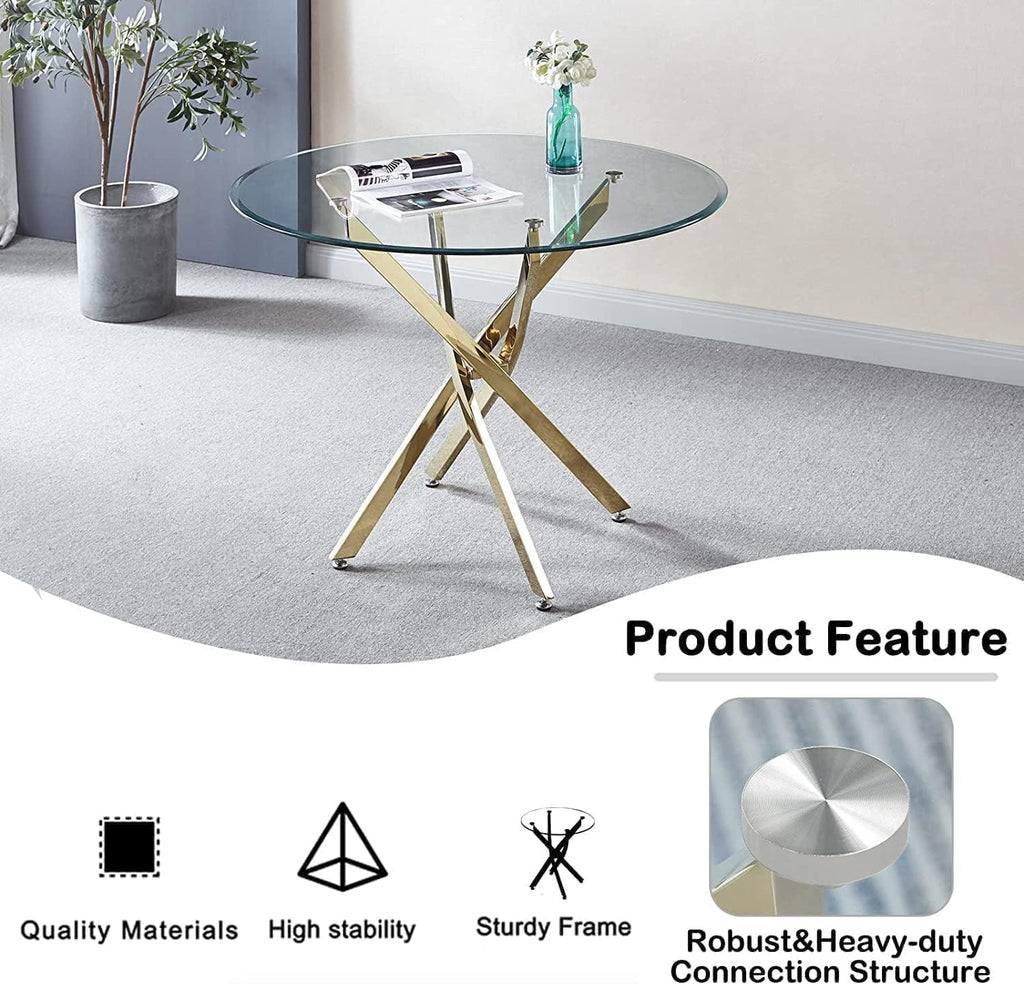 47' Small Dining Table Set of 6, Tempered Glass Round Dining Table and 6 Beige Velvet Dining Chairs, Luxury 7 Piece Circle Kitchen Dining Room Tables Set with Gold Chrome Metal X-Legs