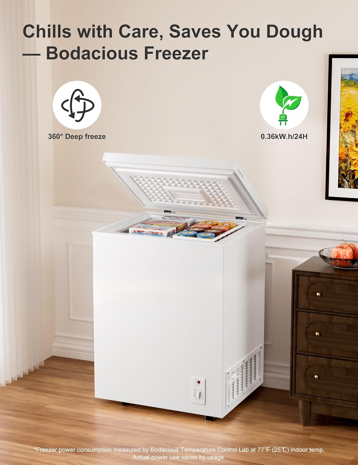 3.5 Cu.Ft Compact Chest Freezer Energy Saving & Ultra-Quiet, with Removable Basket, 6-Temp, Manual Defrost Drain, Top Open Door Deep Freezer for Apartment, Dorm, Kitchen, White