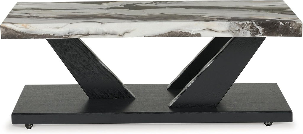 Signature Design by Ashley Cendill Contemporary Faux Marble Table with Casters, Set of 3, White & Black