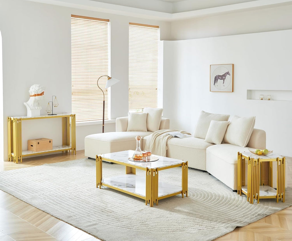 Gold Coffee Table, Modern 48' White Faux Marble Center Table with Gold Metal Frame, 2-Tier Rectangular Coffee Table Accent Cocktail Table with Storage for Living Room Home Office