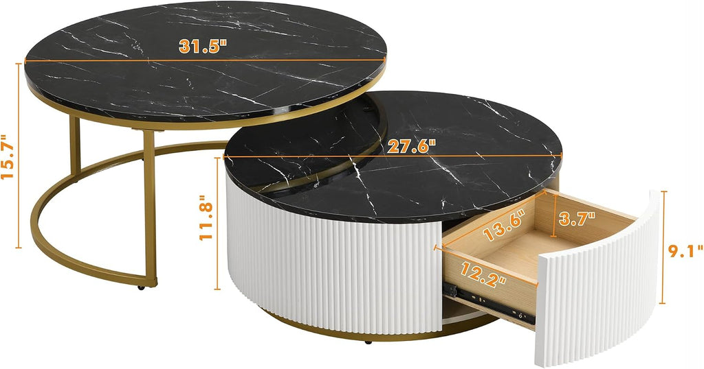 Lift Top Nesting Coffee Table Set of 2, 31.5' Modern Round Coffee Table with Drawer, Circular Wood Center Table Set for Living Room, Apartment, Black & Gold