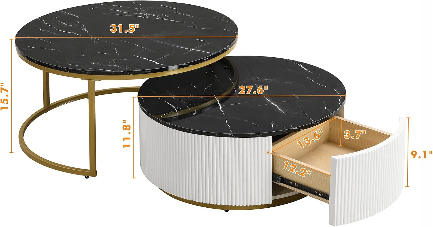 Lift Top Nesting Coffee Table Set of 2, 31.5' Modern Round Coffee Table with Drawer, Circular Wood Center Table Set for Living Room, Apartment, Black & Gold