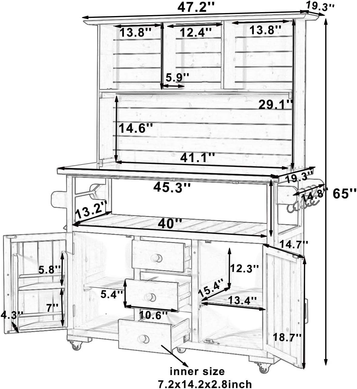 Merax 65''H Large Garden Storage Potting Bench with Lockable Wheels, Wood Outdoor Kitchen Island with Stainless Steel top, Drawers, Door Shelves and Hutch for Grilling, Black