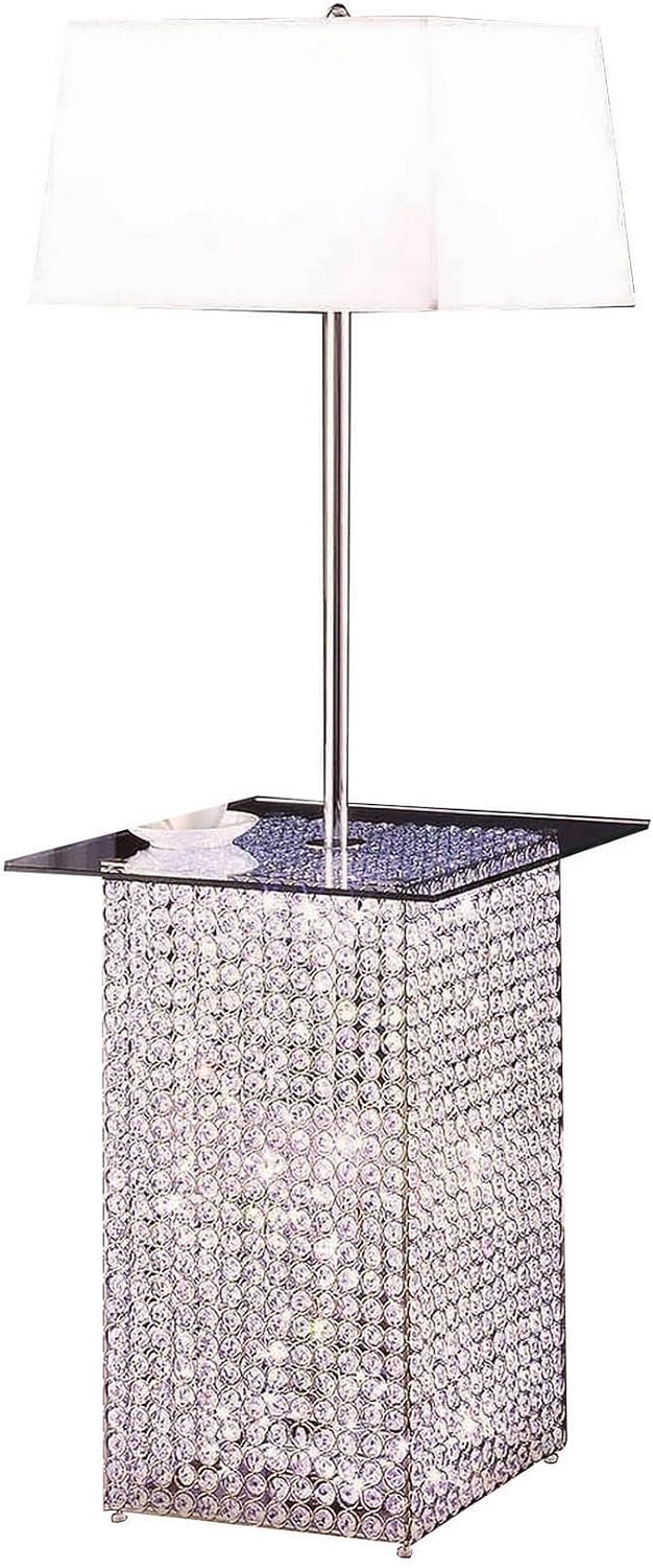 Benjara 59 Inch Floor Lamp with Glass Tabletop, Crystal Stand, Metal, White, Chrome and Clear