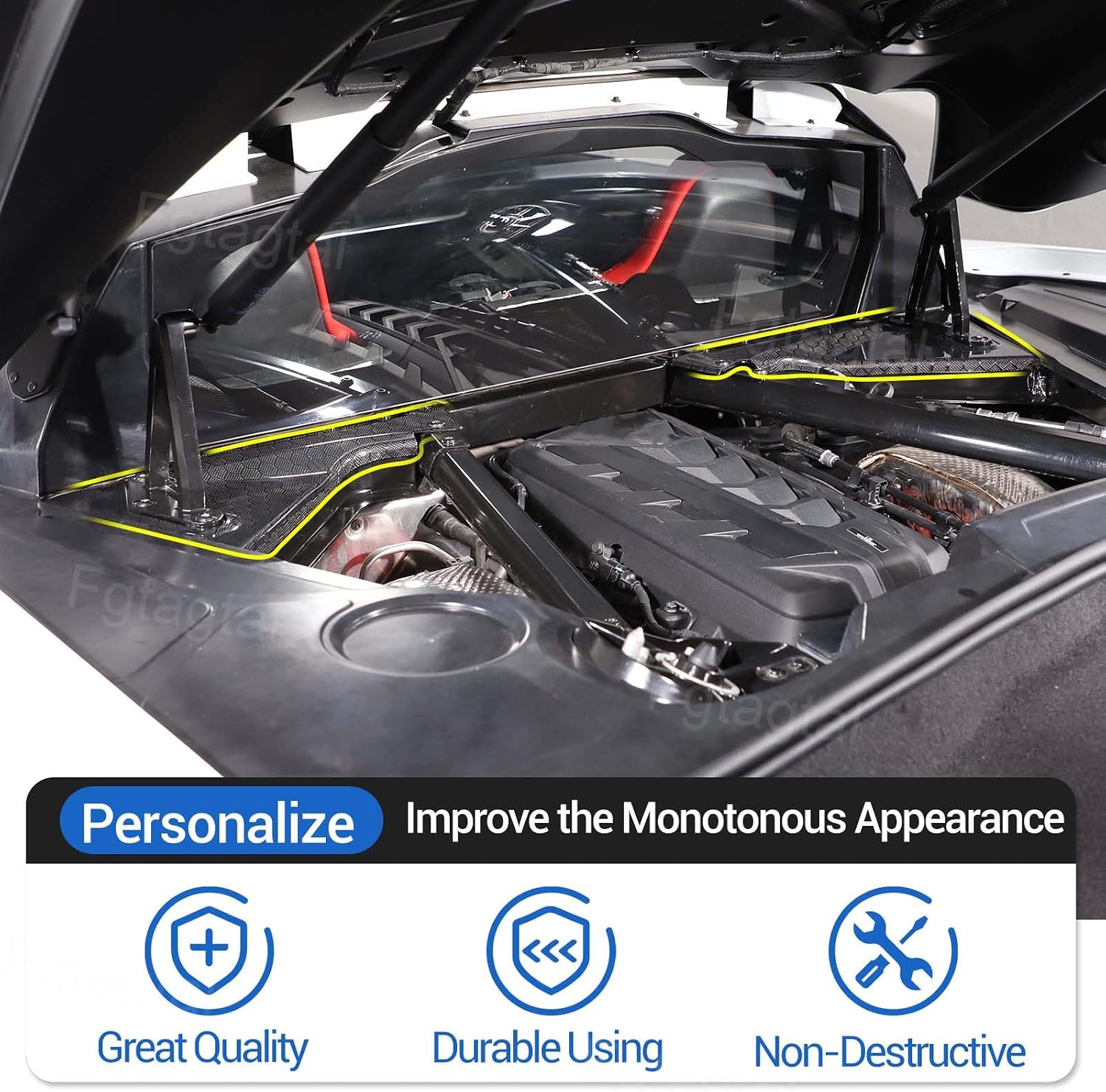 Real Carbon Fiber Engine Bay Panel Cover Compatible with Chevrolet Corvette C8 2020-2026, Front Hood Lift Supports Shock Struts Base Trim Cover Accessories 2Pcs (Honeycomb Pattern)
