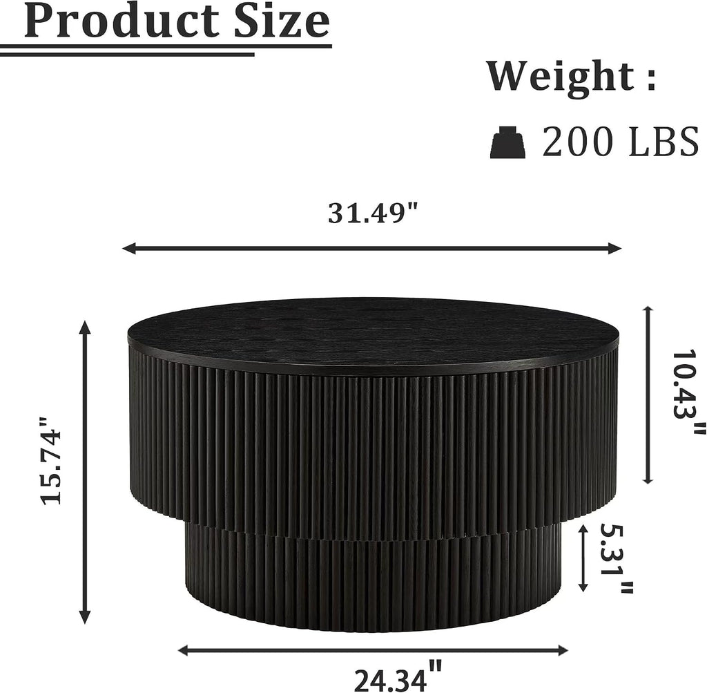 31.49' Wood Round Coffee Table for Living Room, Fluted Circle Coffee Table with Storage, Modern Handcraft Coffee Table for Apartment, Easy Assembly(Black, 31.49'x31.49'x15.74')