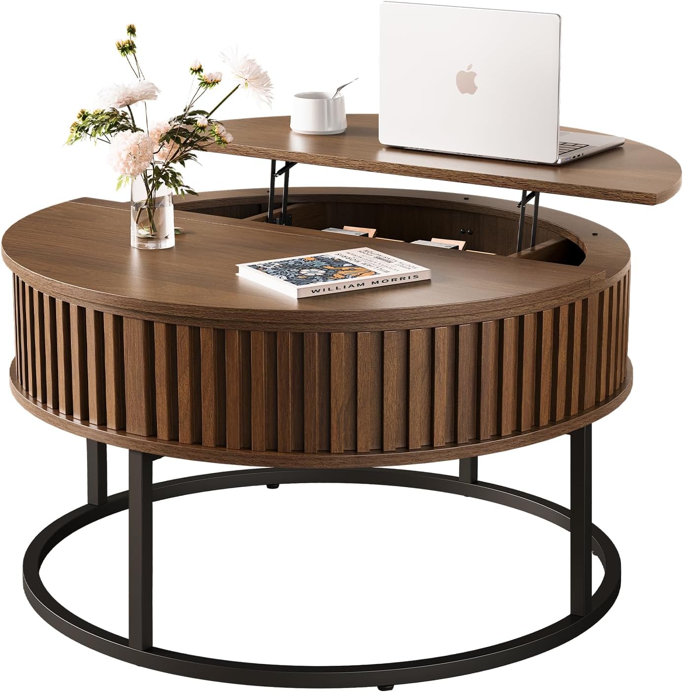 Round Coffee Table with Lift Top - Fluted Wood Center Coffee Tables for Living Room, Lifting Up for Dining, Large Hidden Circle Storage Compartment for Small Spaces, Mid Century Modern