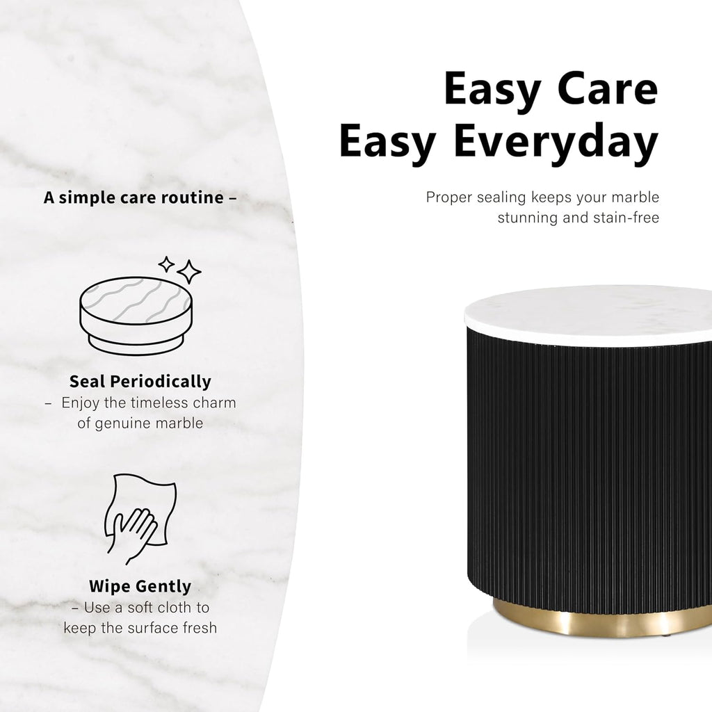 Furniture of America Beryl Modern Round White Genuine Marble Top End Table with Fluted Pedestal Base and Gold Stainless Steel Accent, Low Profile Table for Living Room, Home Office, Black