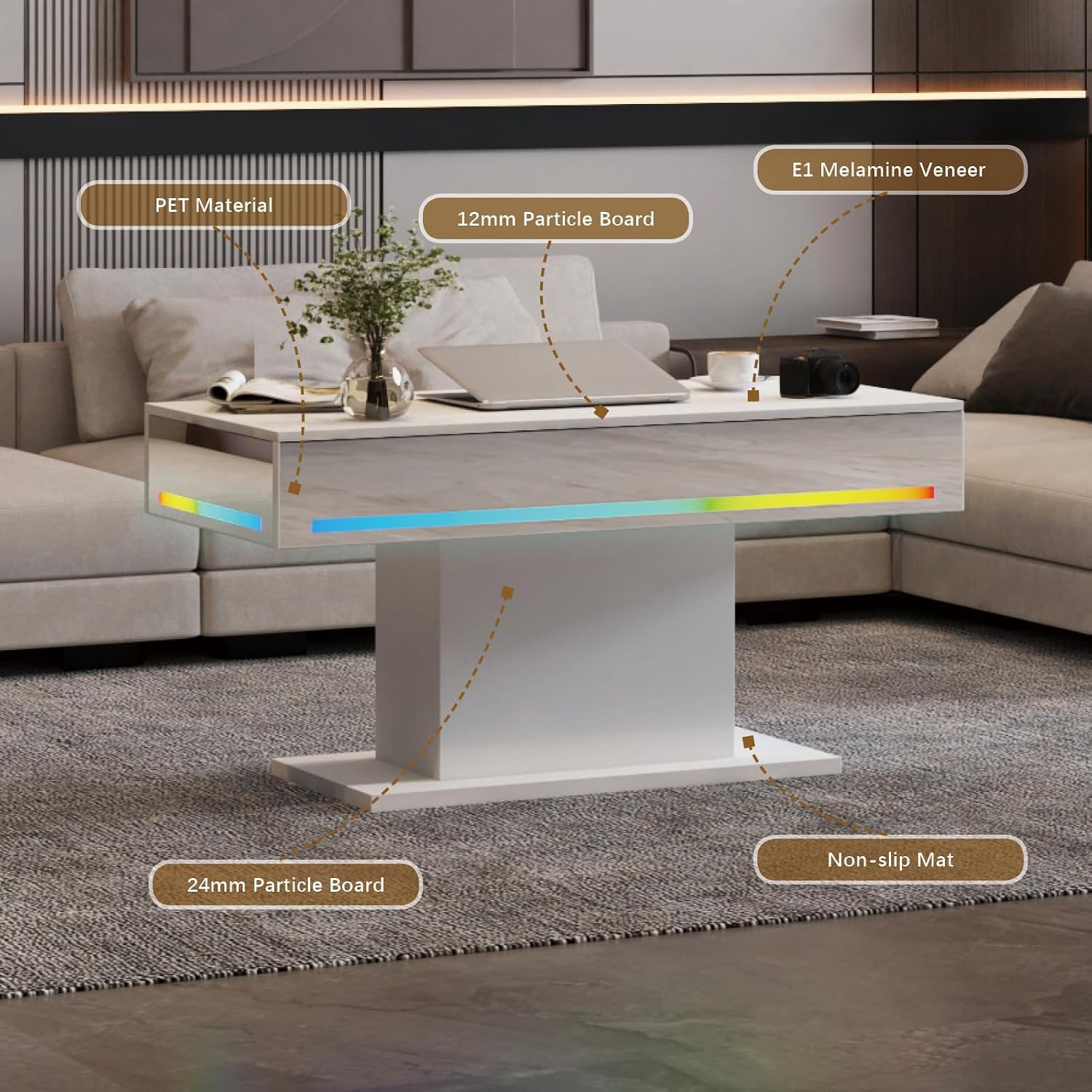 HedoAjim Led Coffee Table for Living Room, Living Room Table Rectangular Center Table, Modern Wooden Coffee Tables with 16 Colors LED Lights for Dining Reception Room