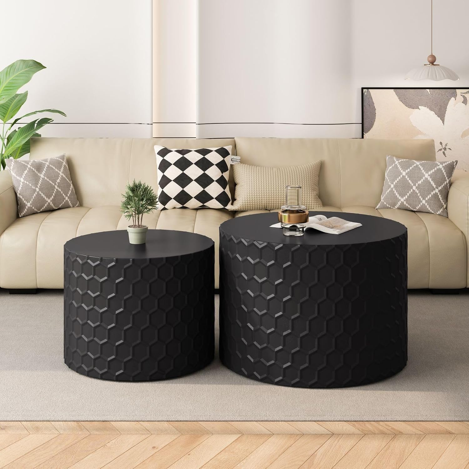 KEVINSPACE Nesting Coffee Table Set of 2, 23.6' Round Coffee Table Wood Grain Top with Non-Slip Feet, Industrial Modern End Table Side Tables for Living Room Bedroom Balcony Yard Black