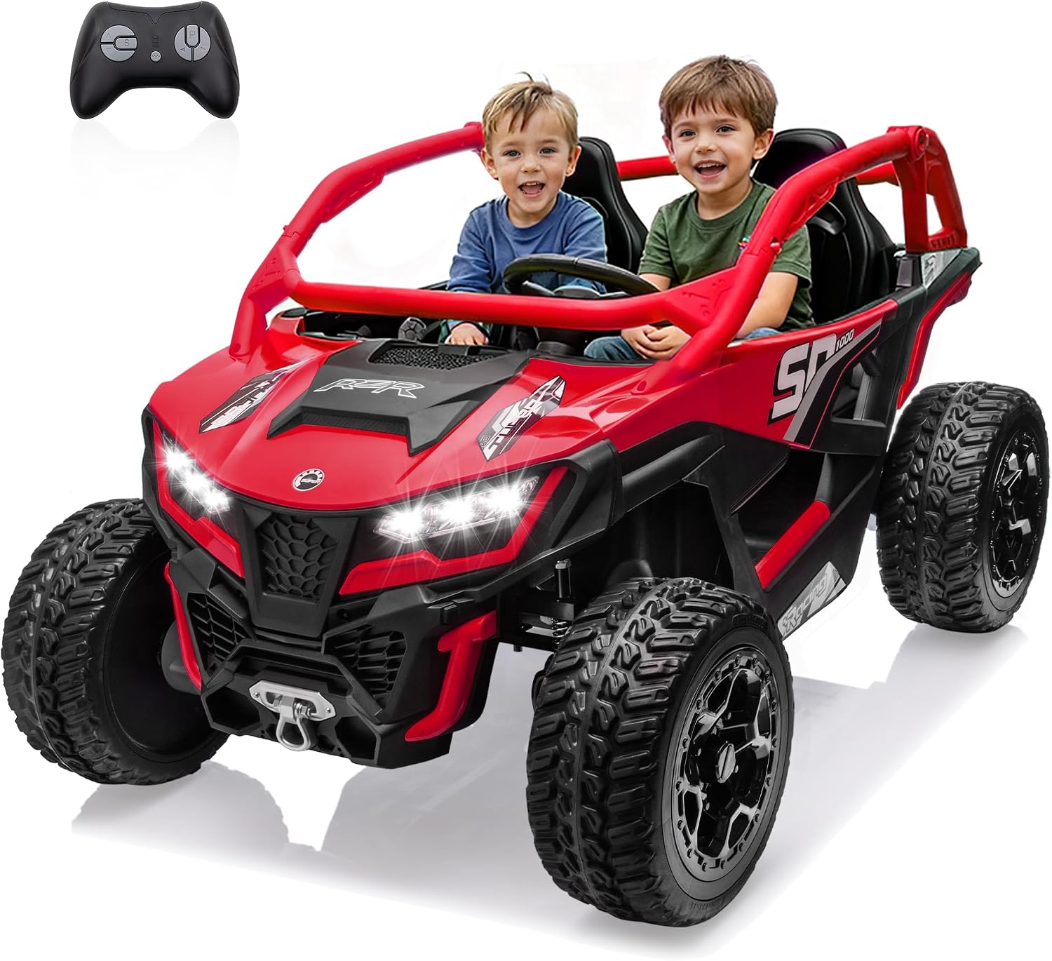 wanan XL 24V 10AH Ride on Toys for Big Kids Real 2-Seater, 4x4 4WD Motor Ride on Car Kid UTV for Kids 3-8, Remote Control, Bluetooth Music, 4 Spring Suspension, 22' Spacious Seats (Red)
