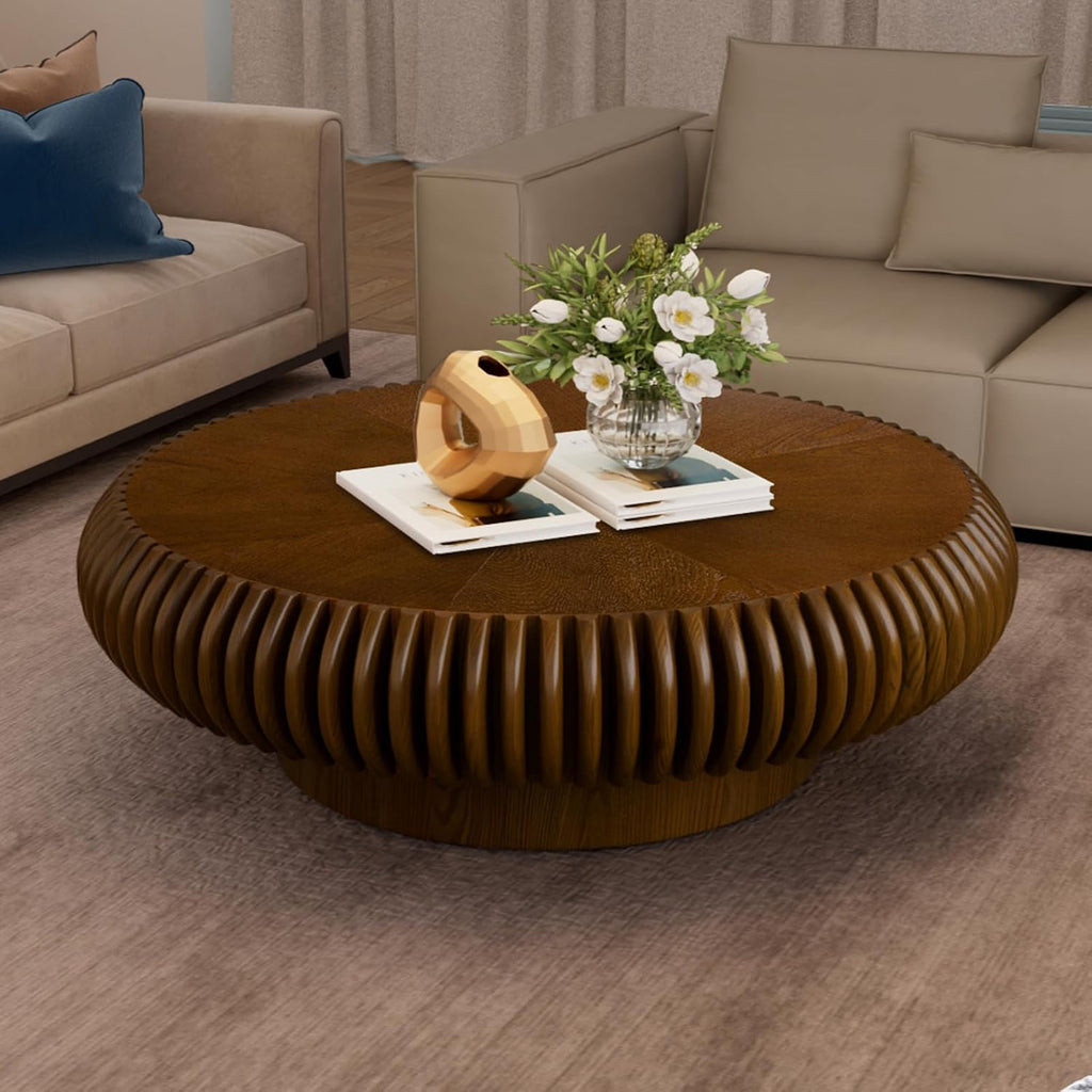 39.37' Round Drum Coffee Table, Modern Fluted Coffee Tables with Solid Wood Veneer, Wooden Circle Center Table for Living Room, Small Spaces, and Apartments, Easy Assembly