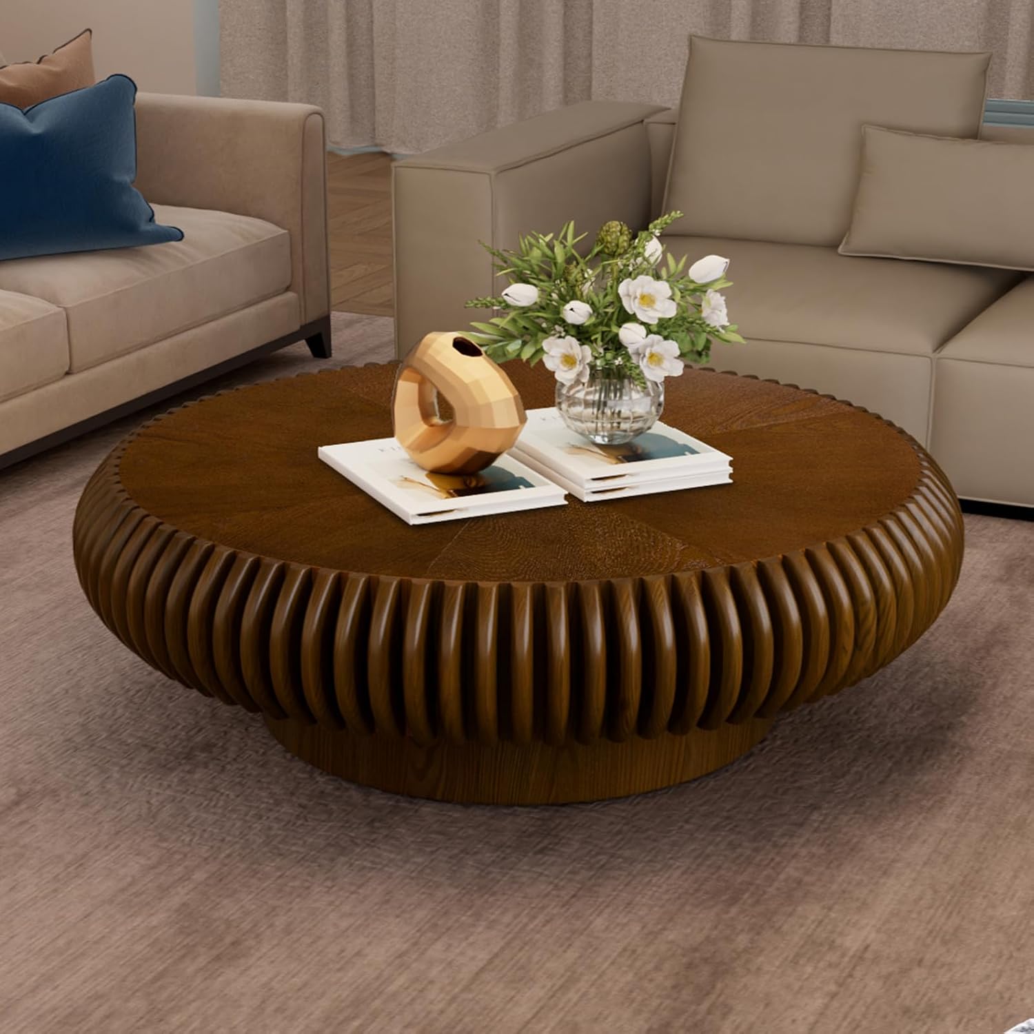 39.37' Round Drum Coffee Table, Modern Fluted Coffee Tables with Solid Wood Veneer, Wooden Circle Center Table for Living Room, Small Spaces, and Apartments, Easy Assembly