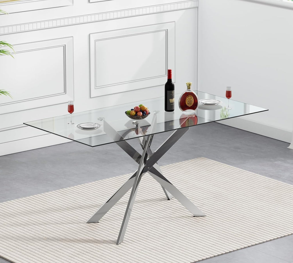 51' Modern Dining Table Set for 4, Rectangular Tempered Glass Dining Table and 4 Beige Velvet Dining Chairs, Luxury 5 Piece Kitchen Dining Room Tables Set with Silver Chrome Metal X-Base