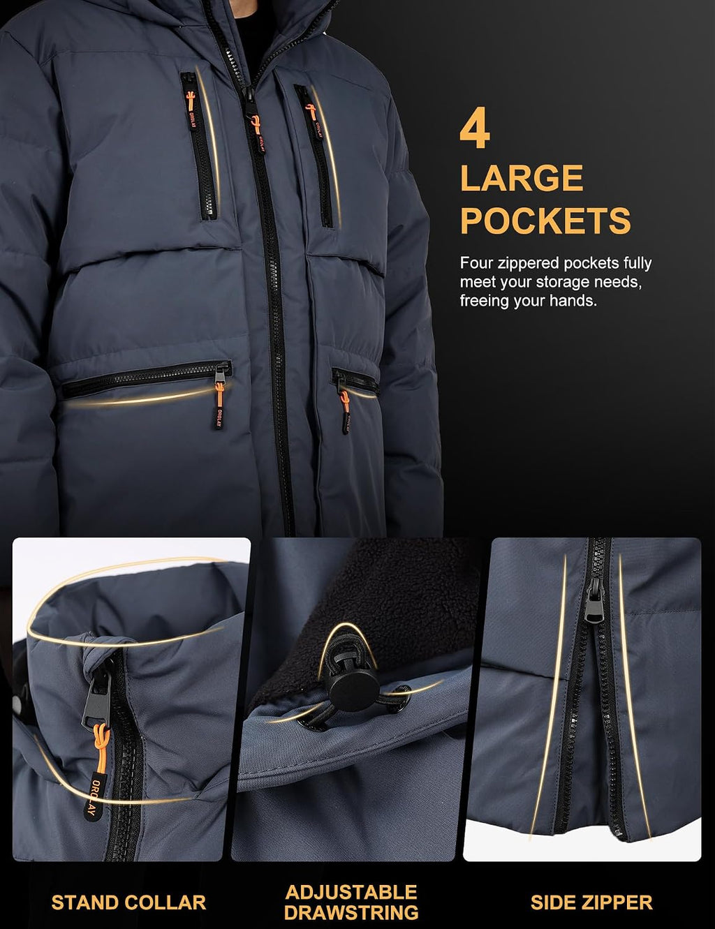 Orolay Men's Thickened Down Jacket Hooded Winter Puffer Jacket with 6 Pockets