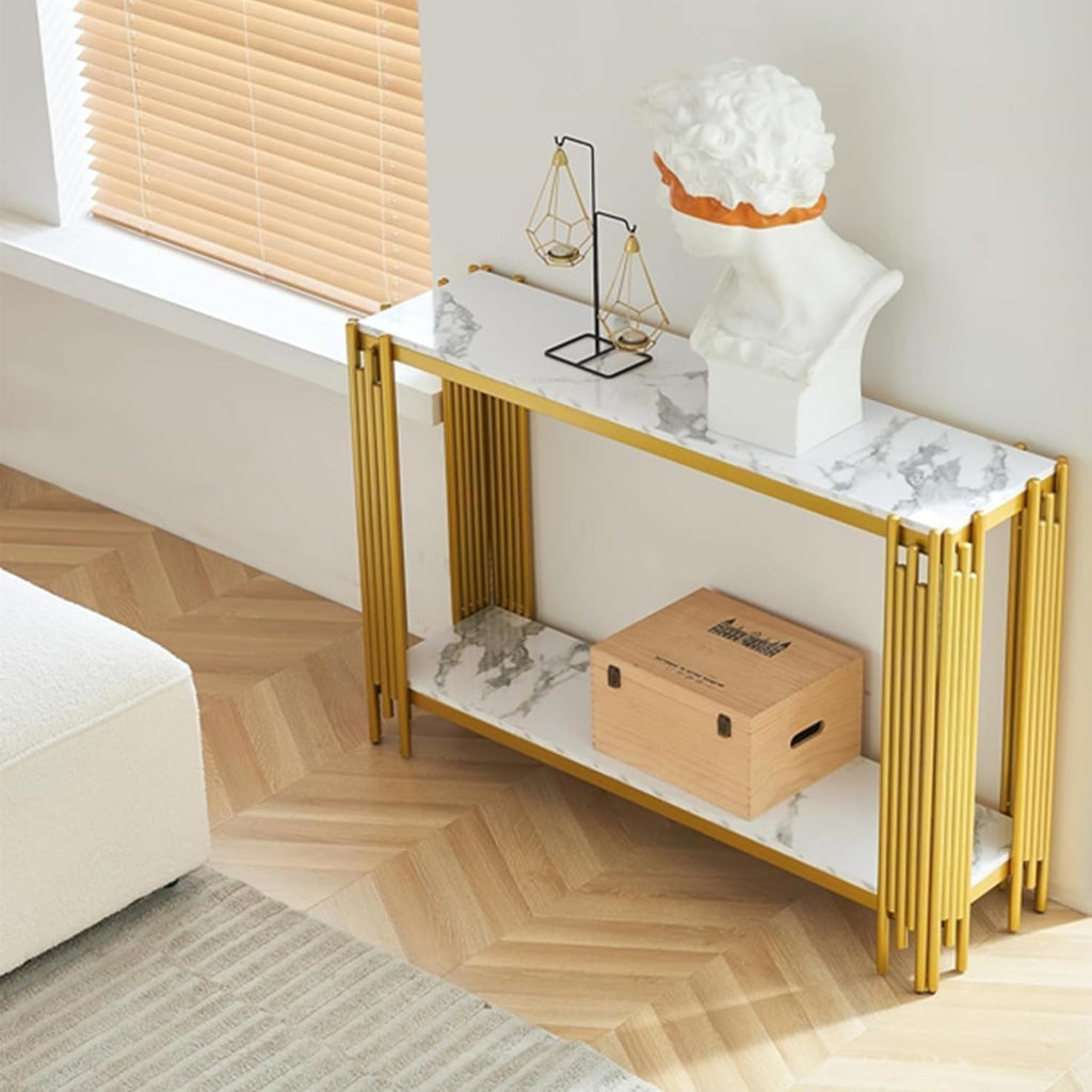 White Marble Coffee Table Set of 3, Faux Marble Coffee Tables, Console Table and End Tables with Gold Chrome Metal I-Base, Luxury Marble 3 Piece Living Room Table Set for Bedroom Home Office