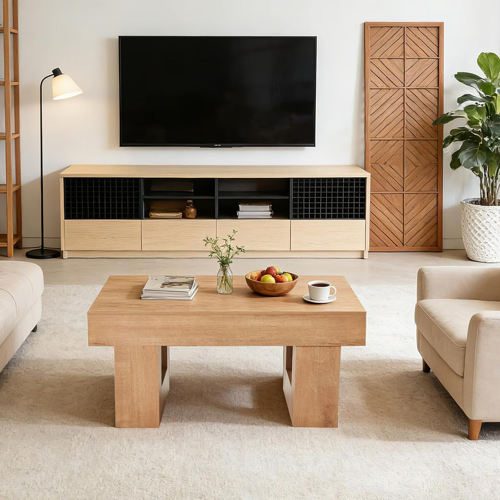 EROMMY 39' Minimalist Farmhouse Coffee Table for Living Room, Wooden Rectangular Accent Center Tables with Thick Tabletop, Rustic Modern Low Cocktail Tea Furniture with Thick U-Shaped Base (Natural)