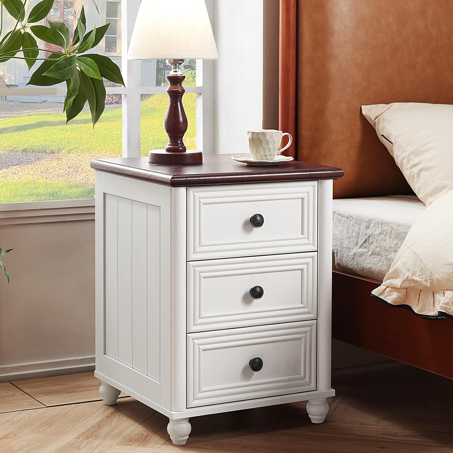 Farmhouse Coffee Table and Night Stand Set of 3, Wood 48' Center Table and 18'' Wide Chest of Drawers, Roman Column Nightstand Set of 2, Coffee and end Tables Sets for Living Room,Hallway,White