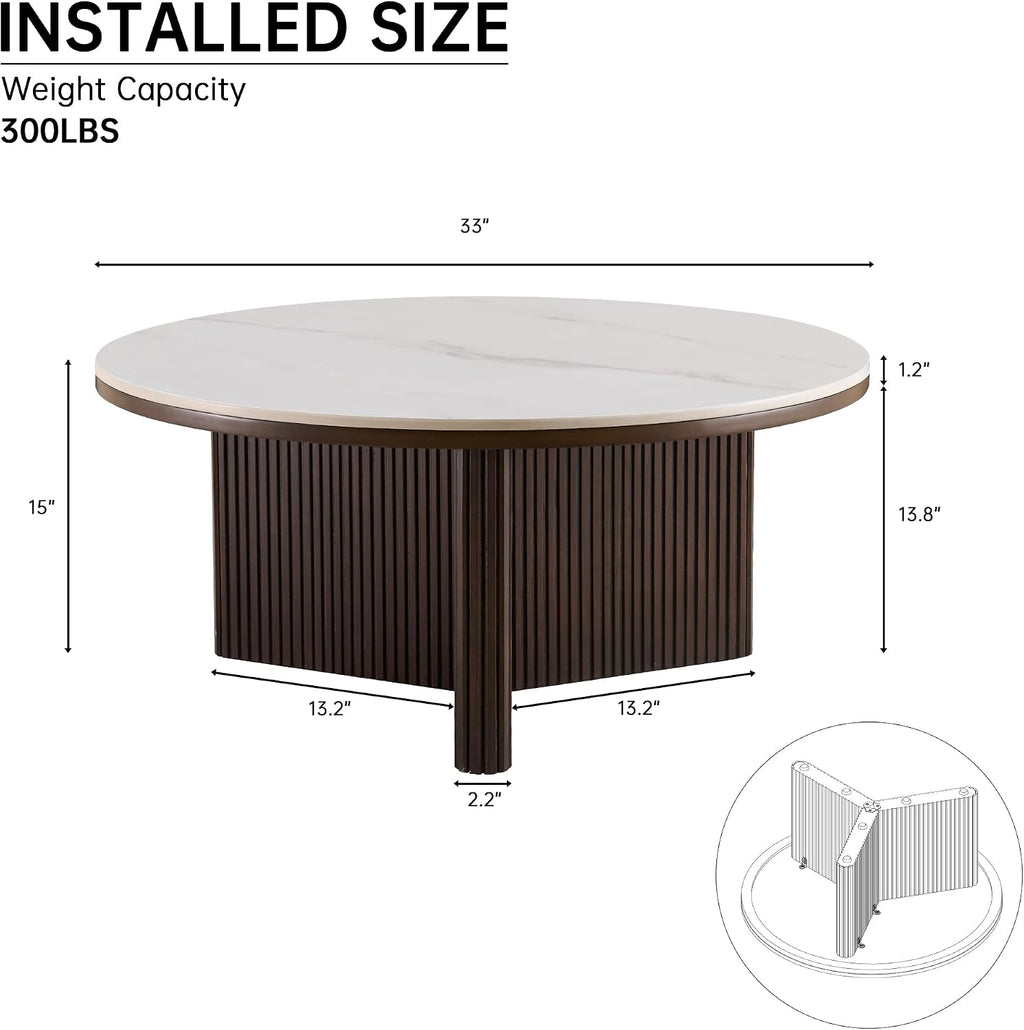 Morden Fort Faux Marble Coffee Table, Round Coffee Table Sintered Stone Top & Solid Fluted Wood Mid Century Modern Coffee Circle Table for Apartment Living Room Porch - 33'' White Top