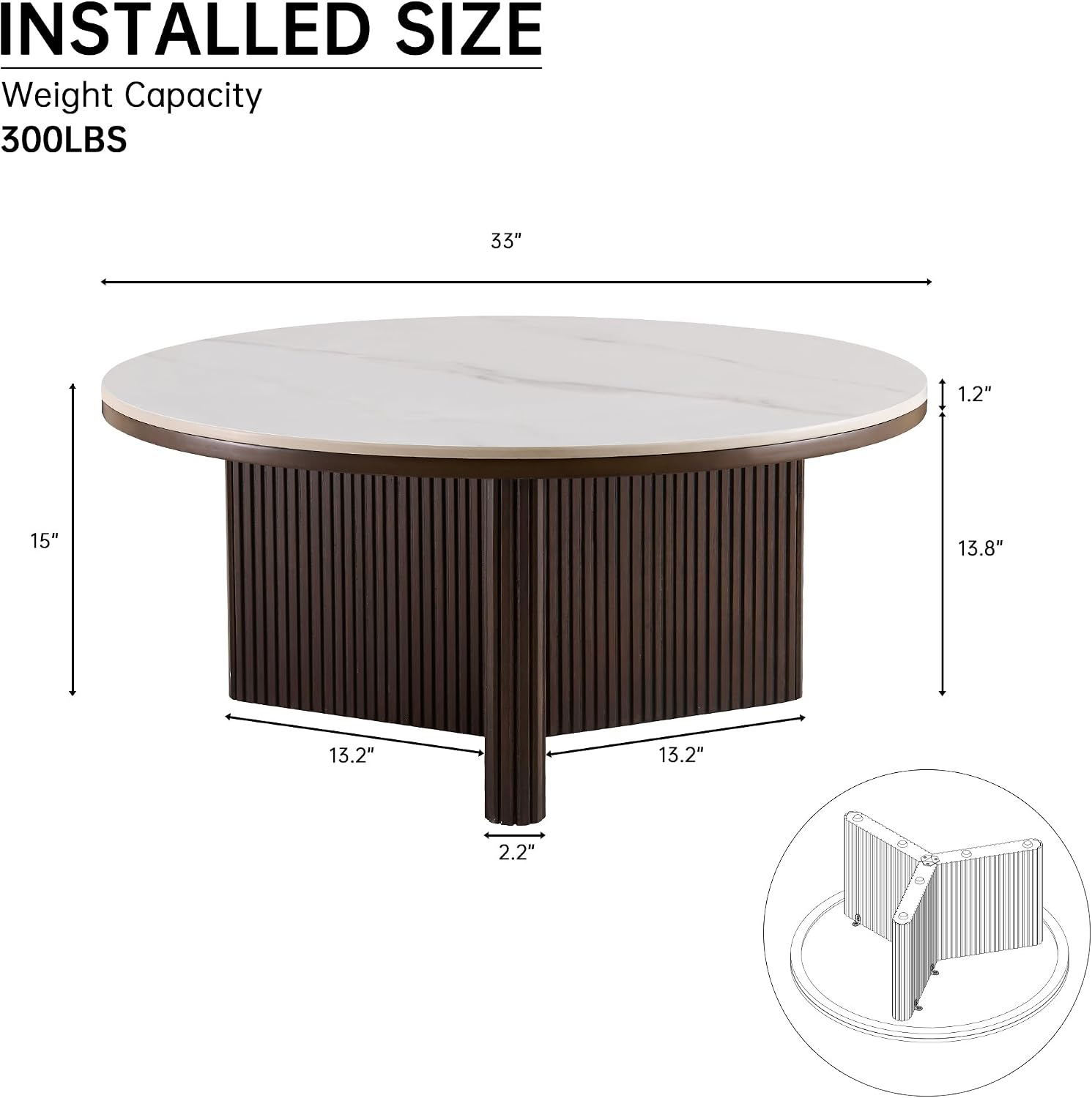 Morden Fort Faux Marble Coffee Table, Round Coffee Table Sintered Stone Top & Solid Fluted Wood Mid Century Modern Coffee Circle Table for Apartment Living Room Porch - 33'' White Top