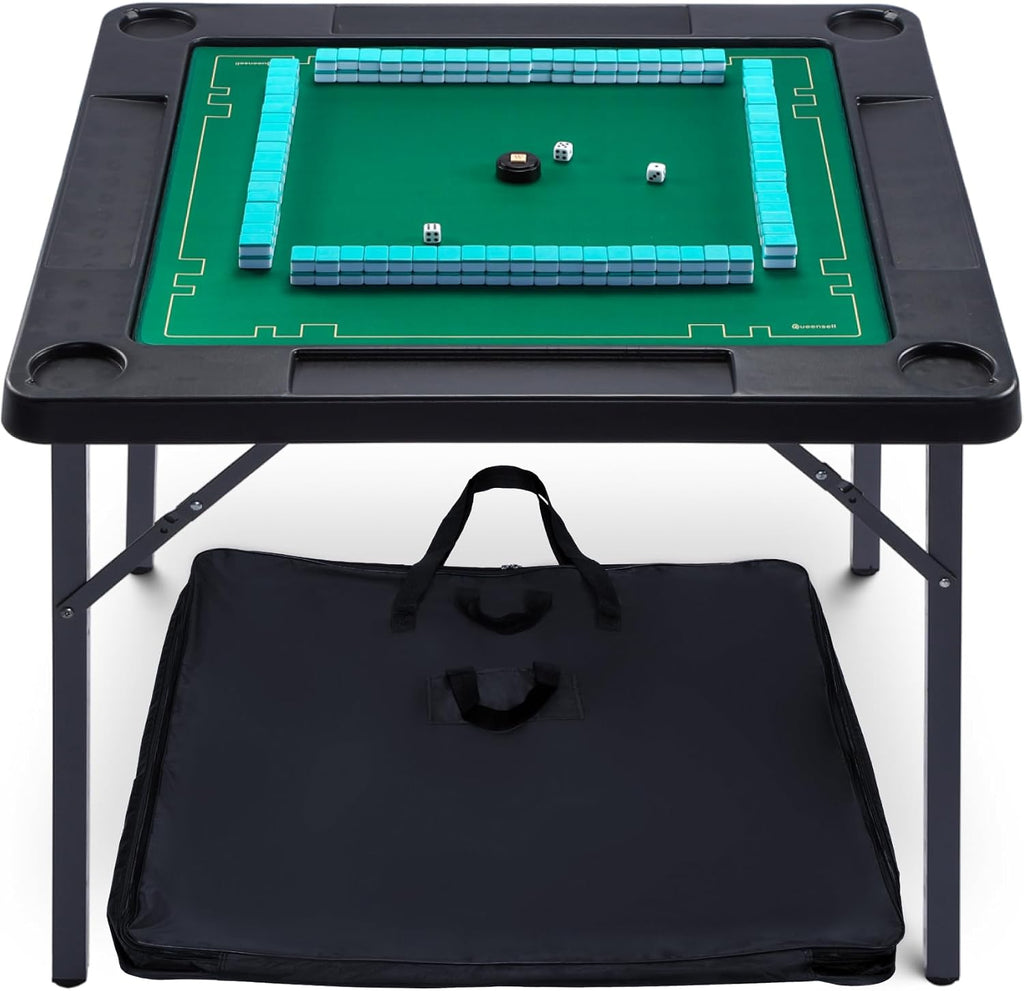 Queensell 35' Folding Game Table with Cup Holders, Domino and Mahjong Table with Heavy-Duty Legs, Double-Sided Mat and Storage Bag