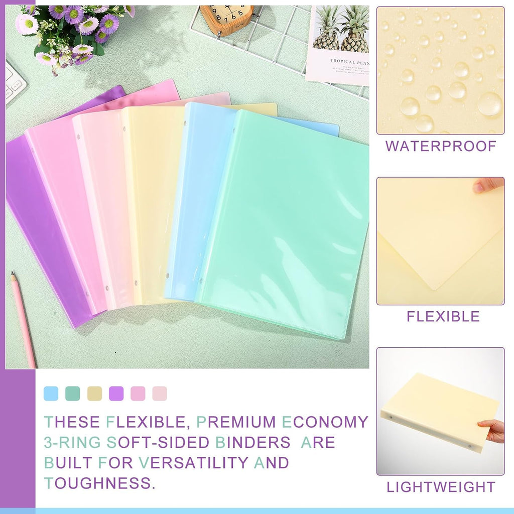 Fulmoon 48 Pack 3 Ring Plastic Binders 1 Inch Bulk with 2 Pockets, Flexible Binder Loose Leaf Hardcover, Fit 12' x 10' US Letter Size Paper, for School Office Home, 6 Colors(Macaron)