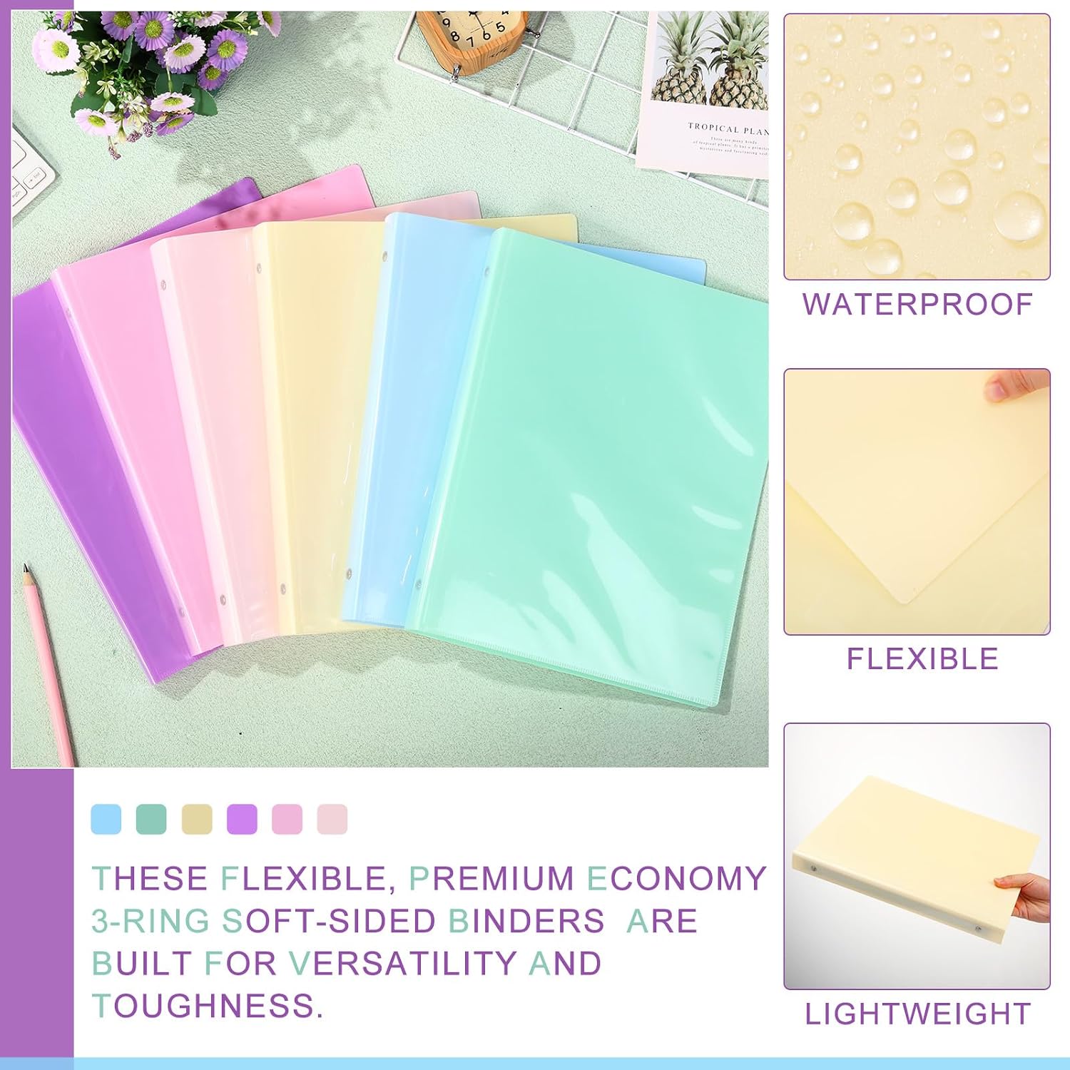 Fulmoon 48 Pack 3 Ring Plastic Binders 1 Inch Bulk with 2 Pockets, Flexible Binder Loose Leaf Hardcover, Fit 12' x 10' US Letter Size Paper, for School Office Home, 6 Colors(Macaron)