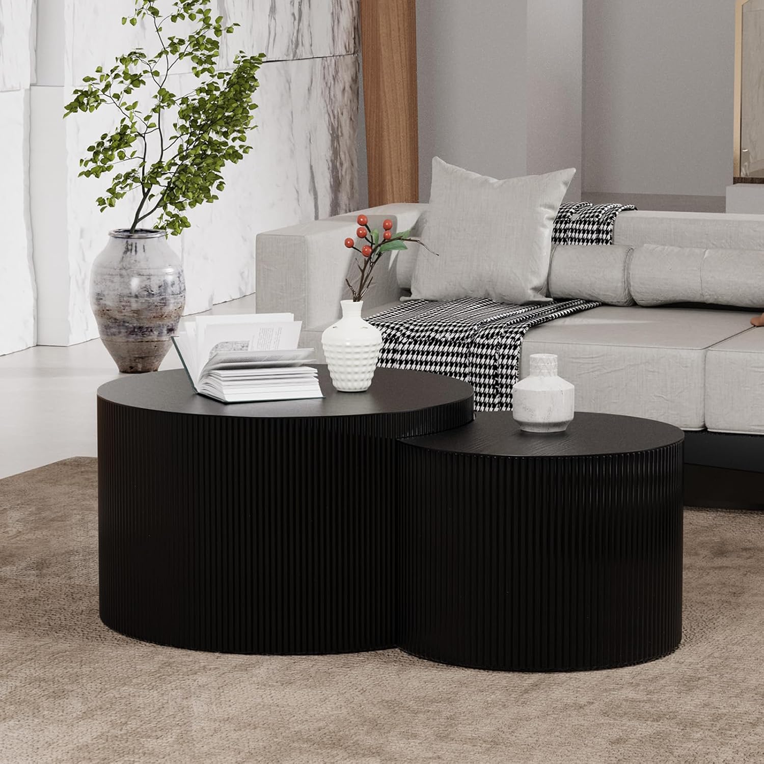 Nesting Coffee Table with Non-Slip Mat Vertical Stripe Design Round Fluted Side Table Set of 2 - No Assembly Required for Living Room Bedroom Balcony Yard (I-27.6+19.7in)