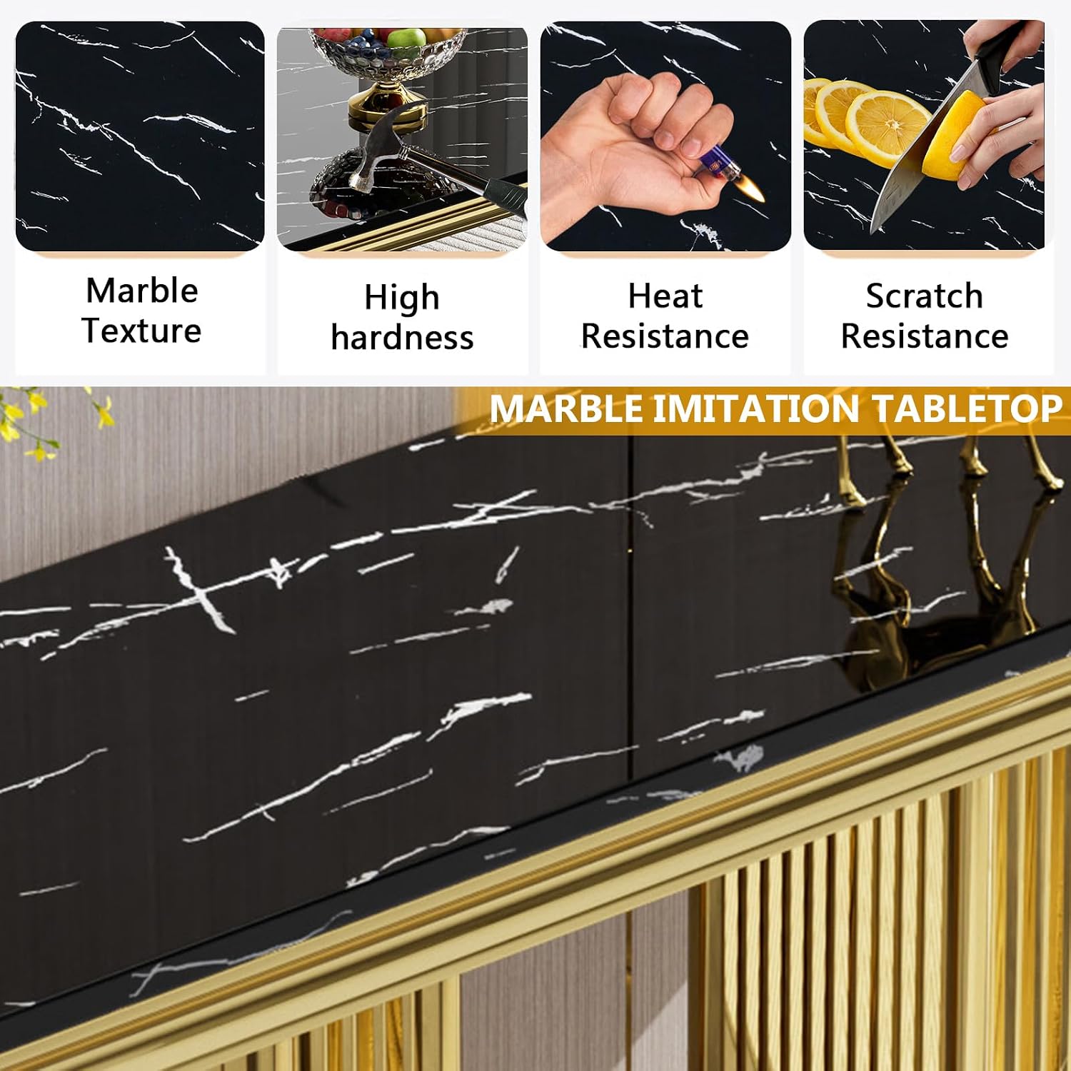 2 Pieces Coffee Table Set, Black Faux Marble Living Room Table Set of 2, Modern Marble Coffee Table and Console Table with Gold Column-Shaped Stainless Steel Base for Living Room Home Office
