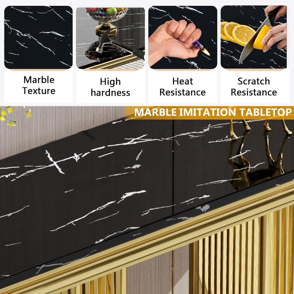Modern 47' Rectangular Marble Console Table Luxury Black Faux Marble Entryway Table with Gold Column-Shape Stainless Steel Base Narrow Sofa Table Hallway Table for Living Room Entrance