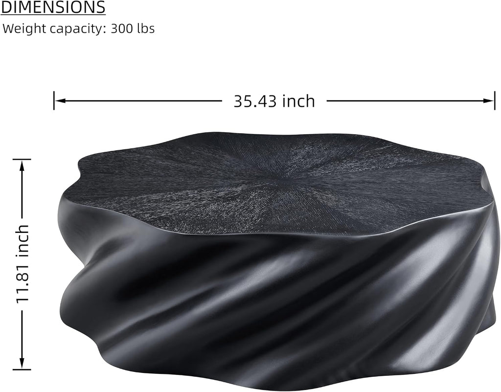WILLIAMSPACE 35.43' Coffee Table with Flower Shaped, Modern Drum Center Table Fiberglass Faux Stone Tea Table for Living Room Apartment, No Assembly (Black)