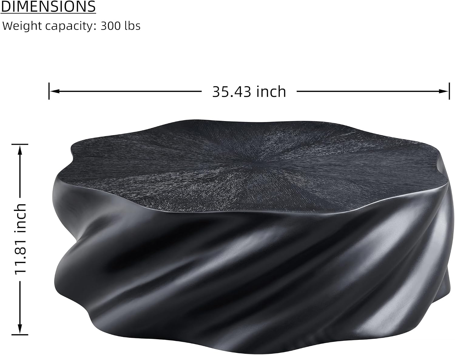WILLIAMSPACE 35.43' Coffee Table with Flower Shaped, Modern Drum Center Table Fiberglass Faux Stone Tea Table for Living Room Apartment, No Assembly (Black)