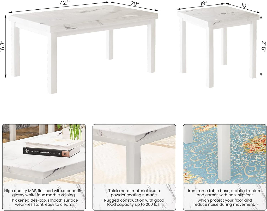 DKLGG Faux Marble Coffee Table Set of 3 Piece, Living Room Table Set Coffee Table & 2pcs End Table with Metal Frame Sofa Side Tables Perfect for Living Room Apartment Accent Furniture