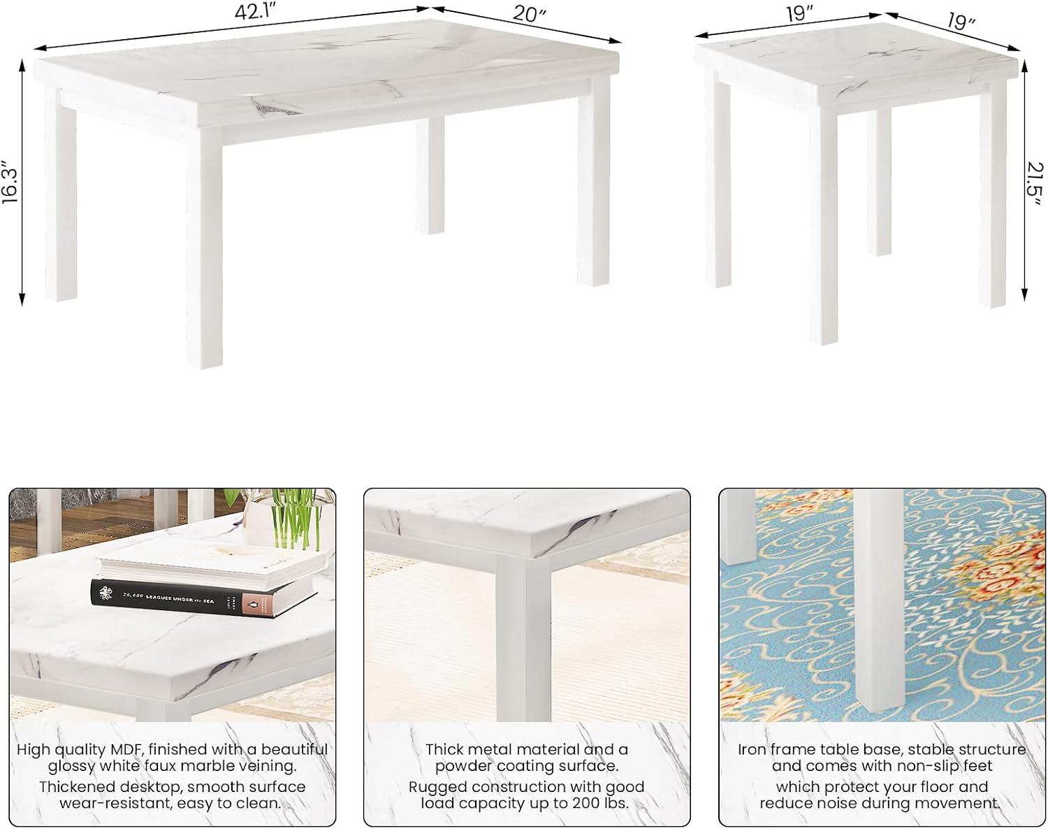 DKLGG Faux Marble Coffee Table Set of 3 Piece, Living Room Table Set Coffee Table & 2pcs End Table with Metal Frame Sofa Side Tables Perfect for Living Room Apartment Accent Furniture