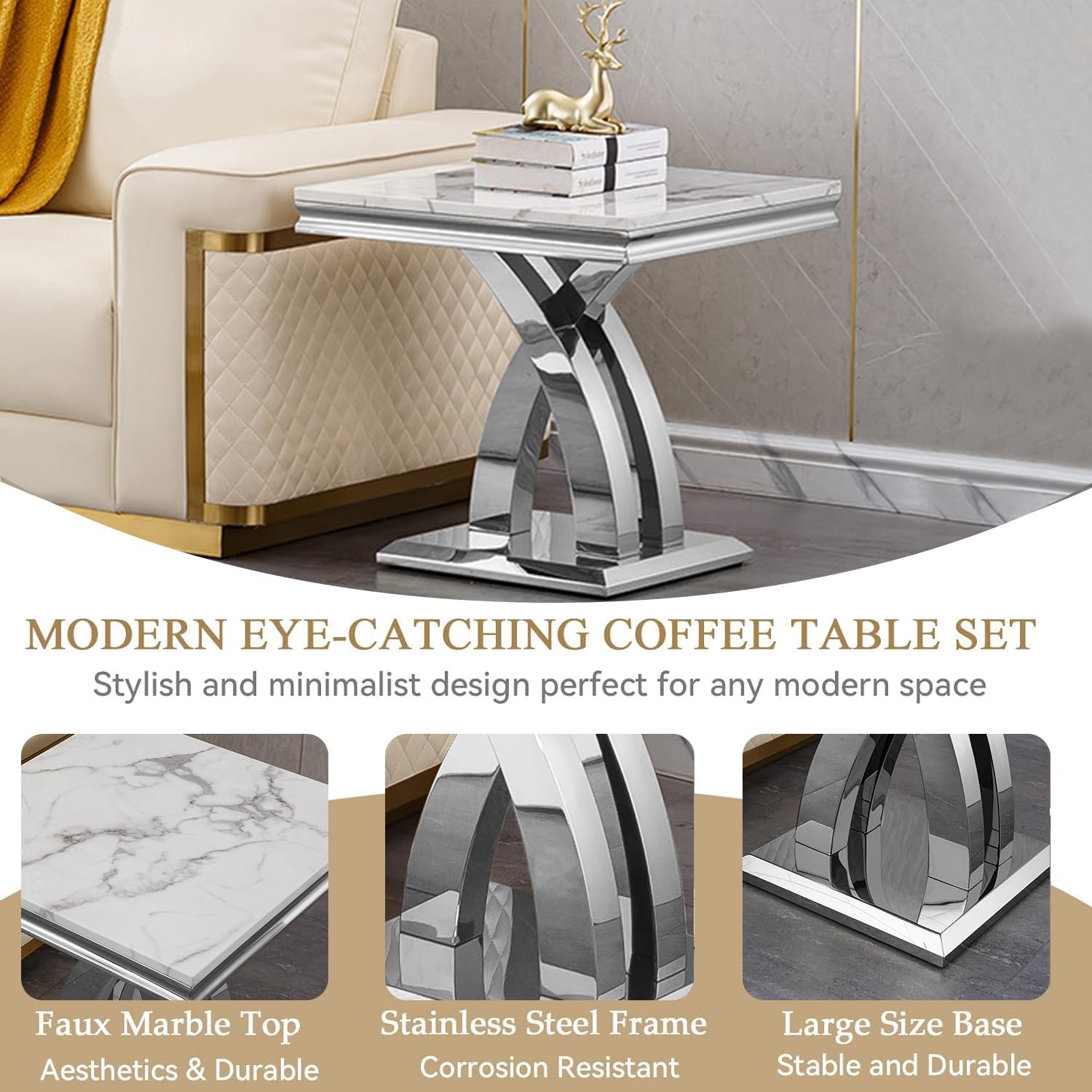 Modern Marble End Table,22' Suqare Side Table with Silver X-Shape Stainless Steel Base,Luxury White Faux Marble End Table Nightstand Pedestal Stand Lamp Table for Hallway, Living Room, Bedroom