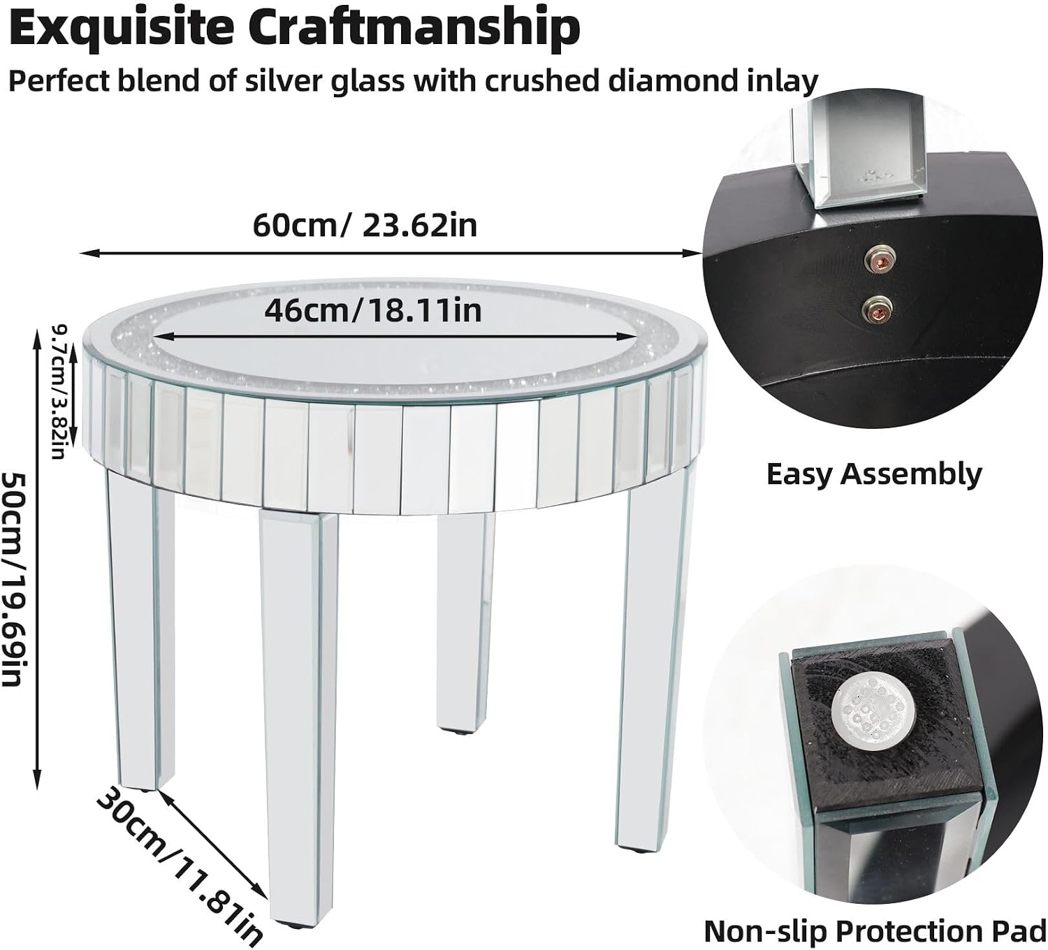 Silver Mirror Accent Table: 23.6 inch Round Mirrored Glass Tabletop Crushed Diamond