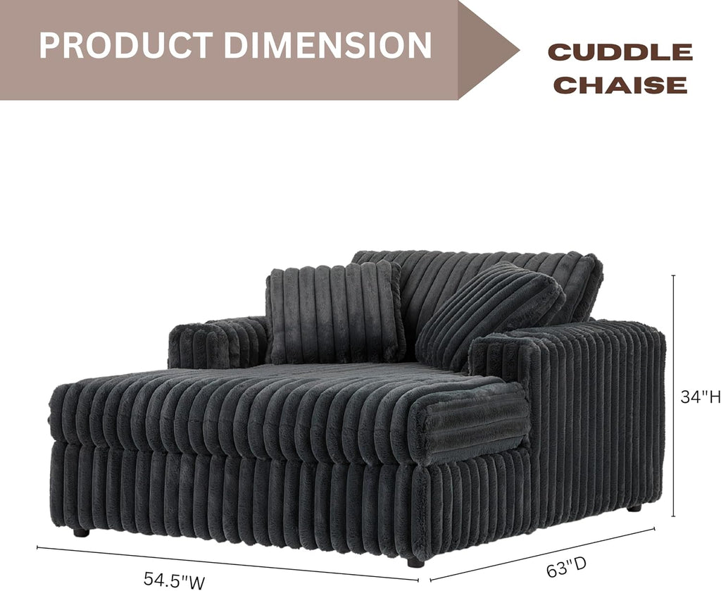 Roundhill Furniture Belvoir 3-Piece Living Room Set, Sofa Cuddle Chaise and Ottoman, Charcoal