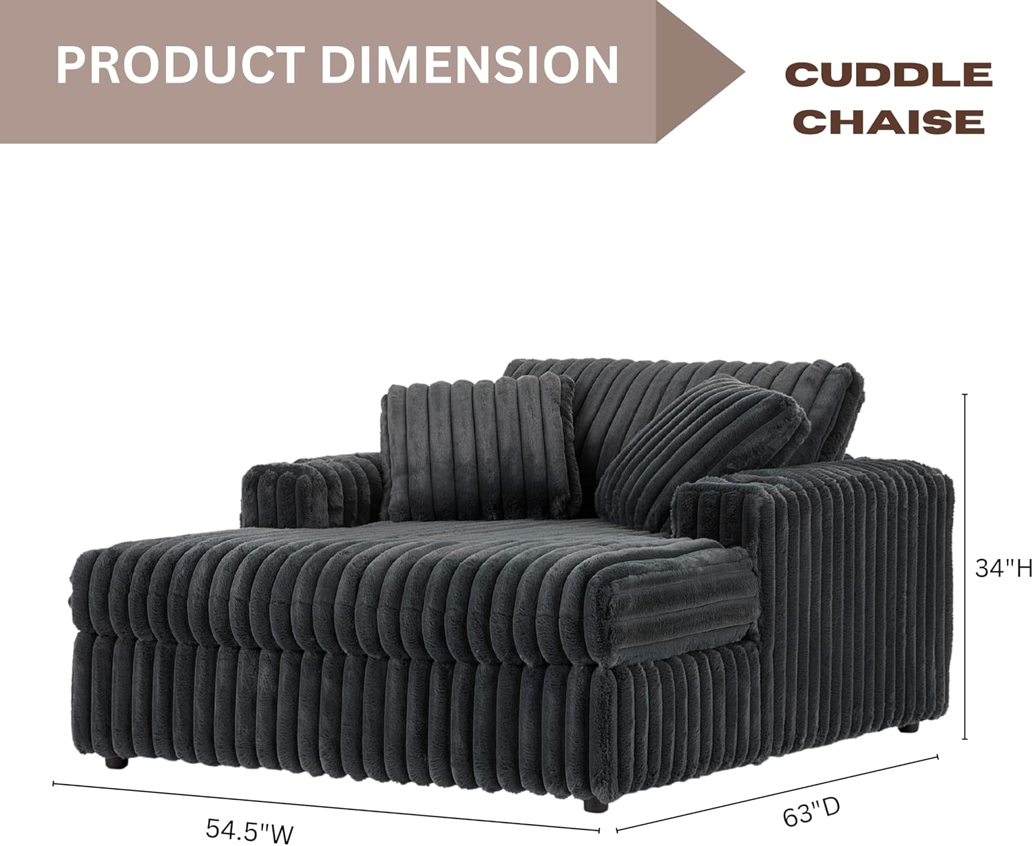 Roundhill Furniture Belvoir 3-Piece Living Room Set, Sofa Cuddle Chaise and Ottoman, Charcoal
