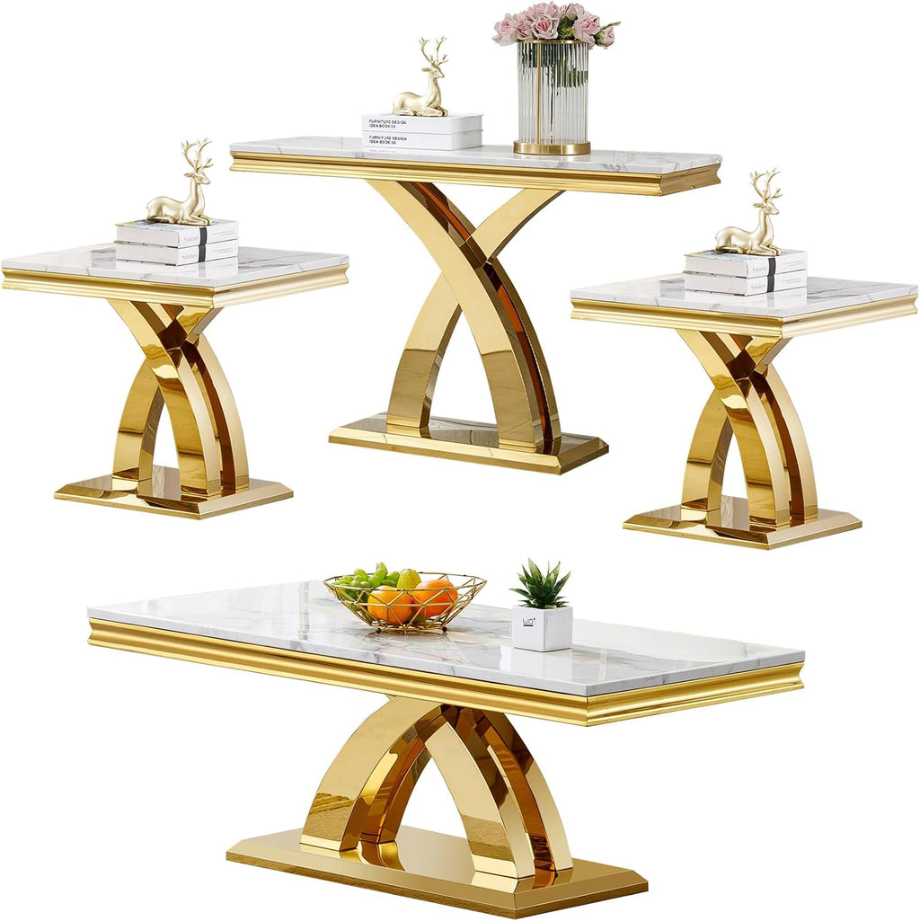 Marble Coffee Table Set of 4, 4 Piece Living Room Table Set Include 1 Coffee Table & 2 End Tables & 1 Console Table, Modern White Gold Coffee Sofa Table Sets with Double X Shape Stainless Steel Base