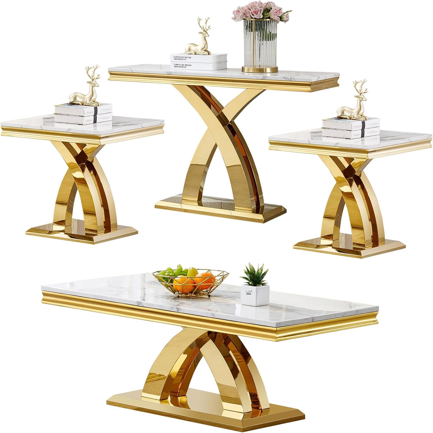 Marble Coffee Table Set of 4, 4 Piece Living Room Table Set Include 1 Coffee Table & 2 End Tables & 1 Console Table, Modern White Gold Coffee Sofa Table Sets with Double X Shape Stainless Steel Base