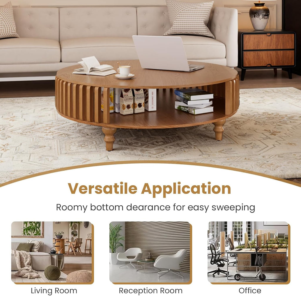 2-Tier Round Coffee Table 39.4' Round Coffee Table with Storage Mid-Century Modern Circle Accent Center Table Farmhouse Low Cocktail Tea Furniture for Living Room Small Spaces (39.4' Round)