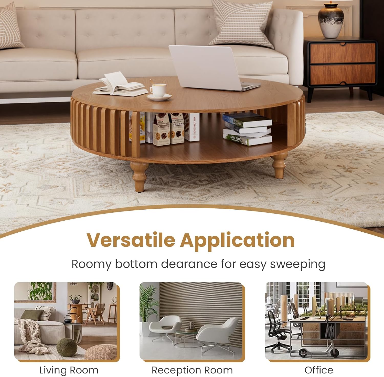 2-Tier Round Coffee Table 39.4' Round Coffee Table with Storage Mid-Century Modern Circle Accent Center Table Farmhouse Low Cocktail Tea Furniture for Living Room Small Spaces (39.4' Round)