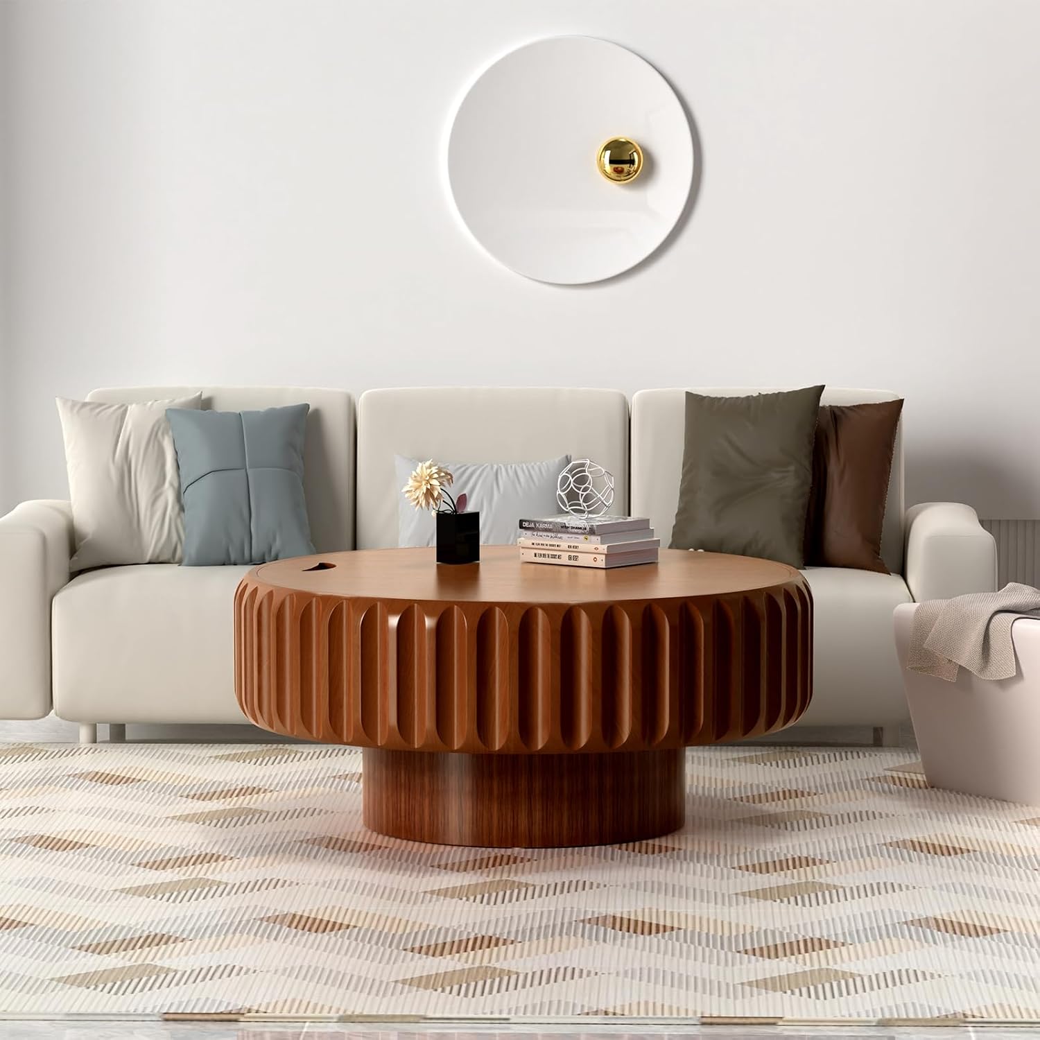 Round Drum Coffee Table White Fluted Coffee Table Circle Center Table Pedestal End Table for Apartment (31.5in)