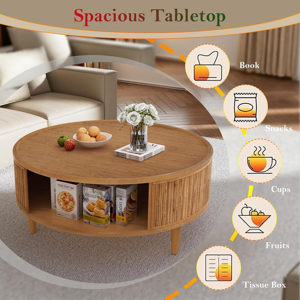 30.5in Rustic Round Coffee Table with Storage, Circular Farmhouse Bamboo Center Tables with Anti-Skid Solid Wood Legs, for Living Room (Bamboo Woven 30.5in)