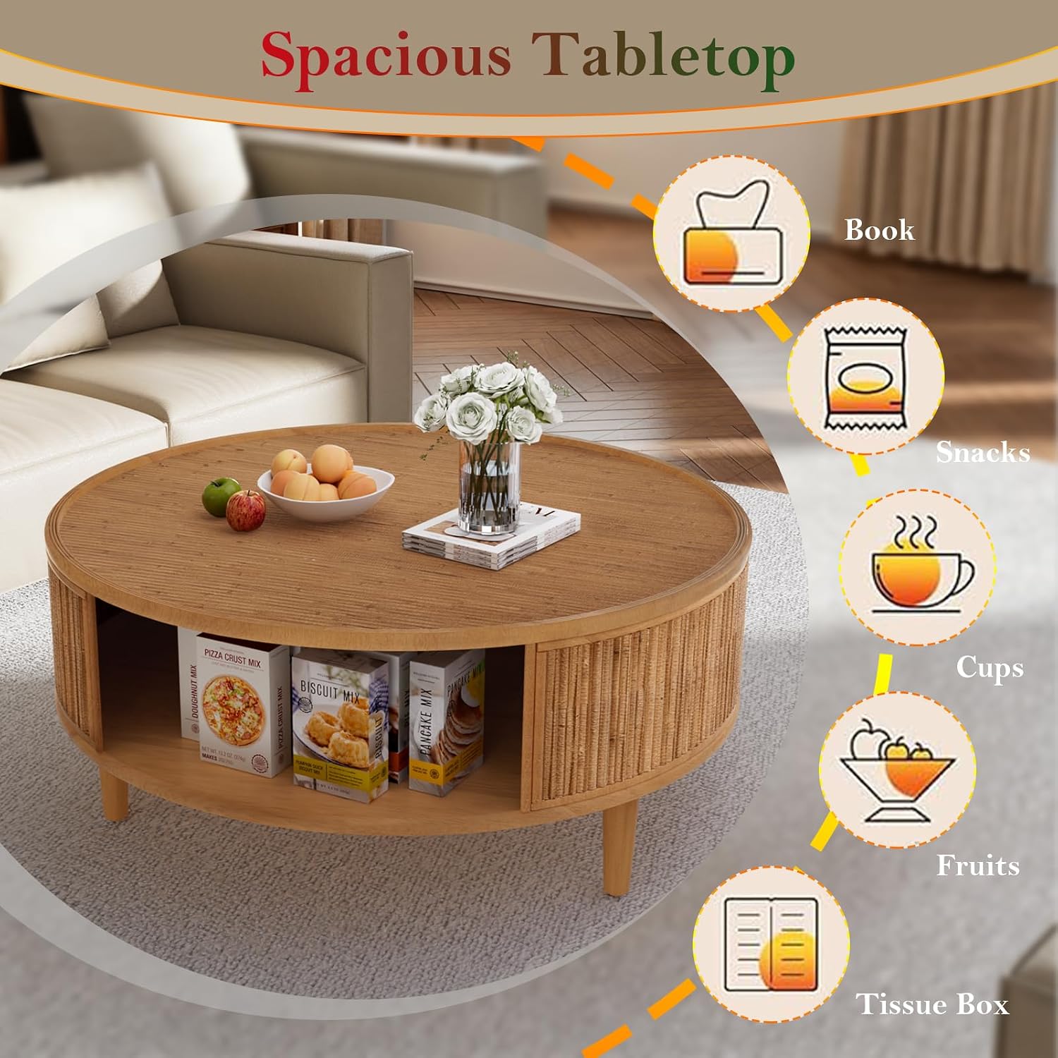 30.5in Rustic Round Coffee Table with Storage, Circular Farmhouse Bamboo Center Tables with Anti-Skid Solid Wood Legs, for Living Room (Bamboo Woven 30.5in)